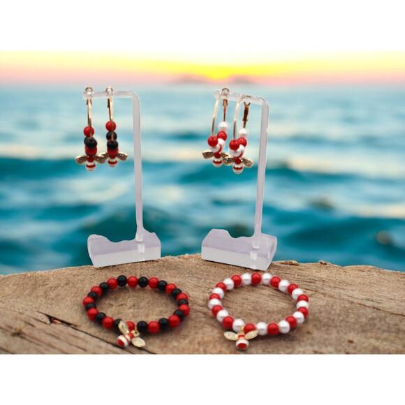 Red and black bead  Bracelet with Matching colored Bee with diamond rhinestones - Picture 3 of 4